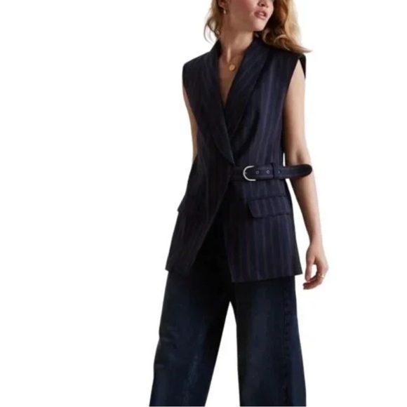 Anthropologie Navy Red Striped Side Buckle Vest Womens Size Small